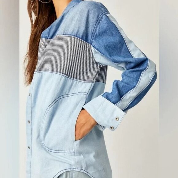 NEW Free People Moto Colorblock Shirt XS - Picture 4 of 12